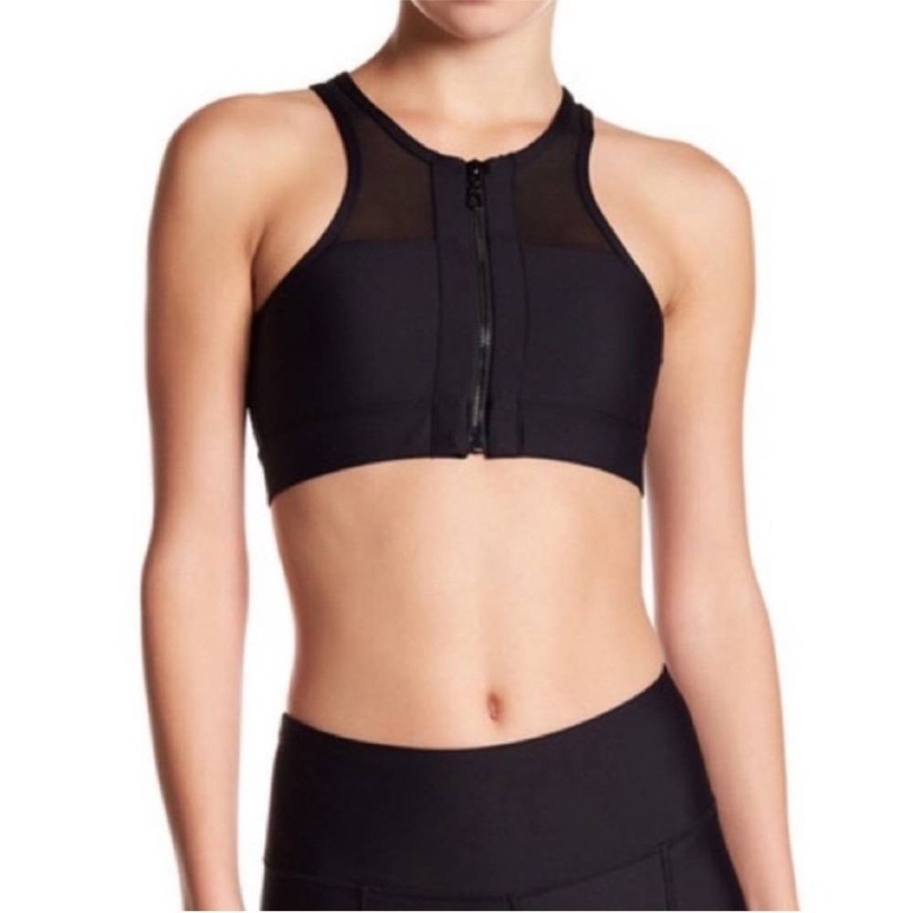 C&C California Zip Front Sports bra with Mesh in Black Size Medium